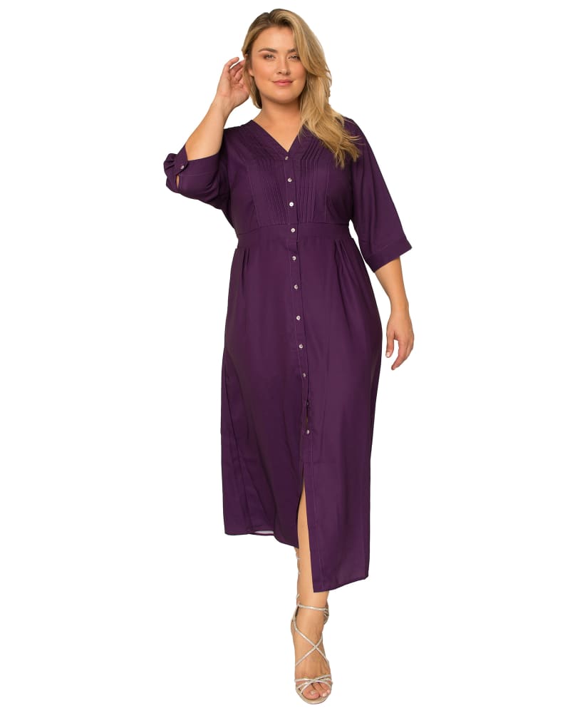 Front of a model wearing a size 1X Mackenzie Pintuck Maxi Dress in Deep Purple by Standards & Practices. | dia_product_style_image_id:276105